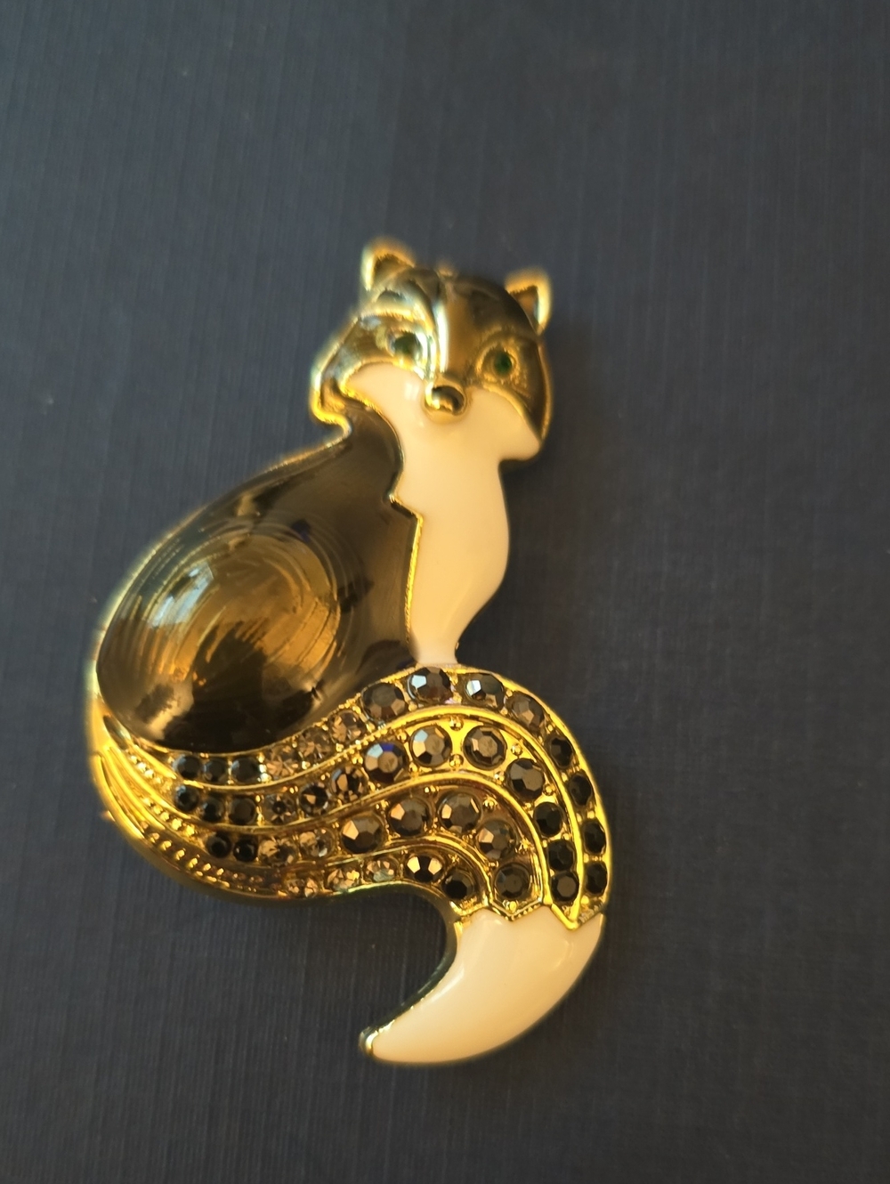 Gold and White Fox Brooch Pin with Black Crystal Accents